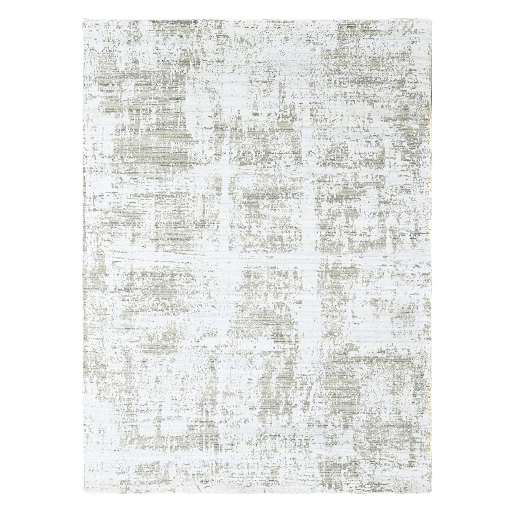 Cotton White with Brown, Modern Design, Hand Loomed, Wool and Plant Based Silk, Textured Pile, Oriental Rug